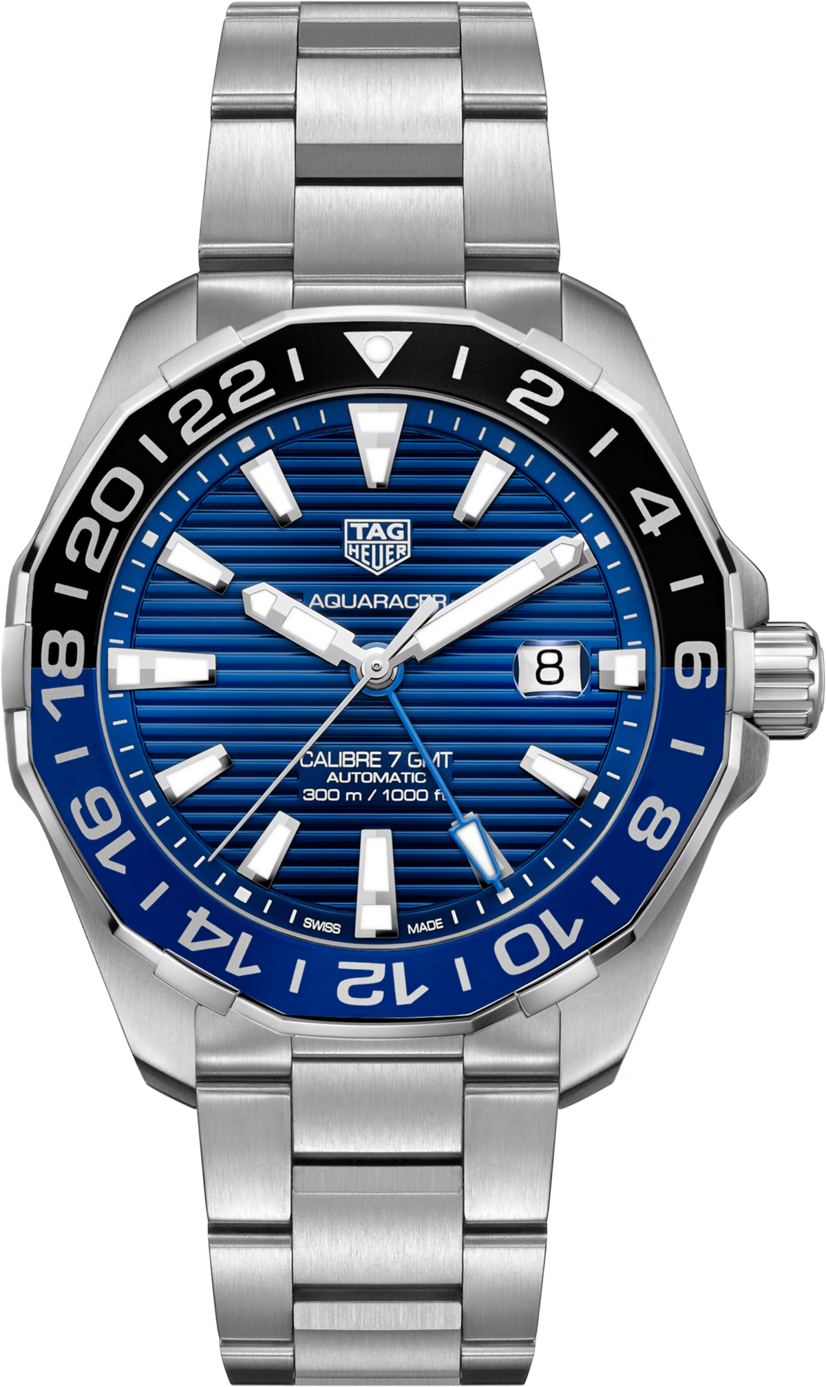 Orologio subacqueo TAG Heuer in acciaio, quadrante blu e lunetta nera/blu con datario