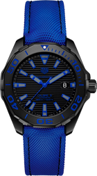 TAG Heuer Aquaracer 300M Special Edition Uomo 43 mm Titanio Nero PVD Quadrante Nero Lunetta Girevole Ceramica Nera Vetro Zaffiro Calibre 5 Automatico Data Cinturino Nylon Blu 30 ATM Swiss Made Ref. WAY208B.FC6382