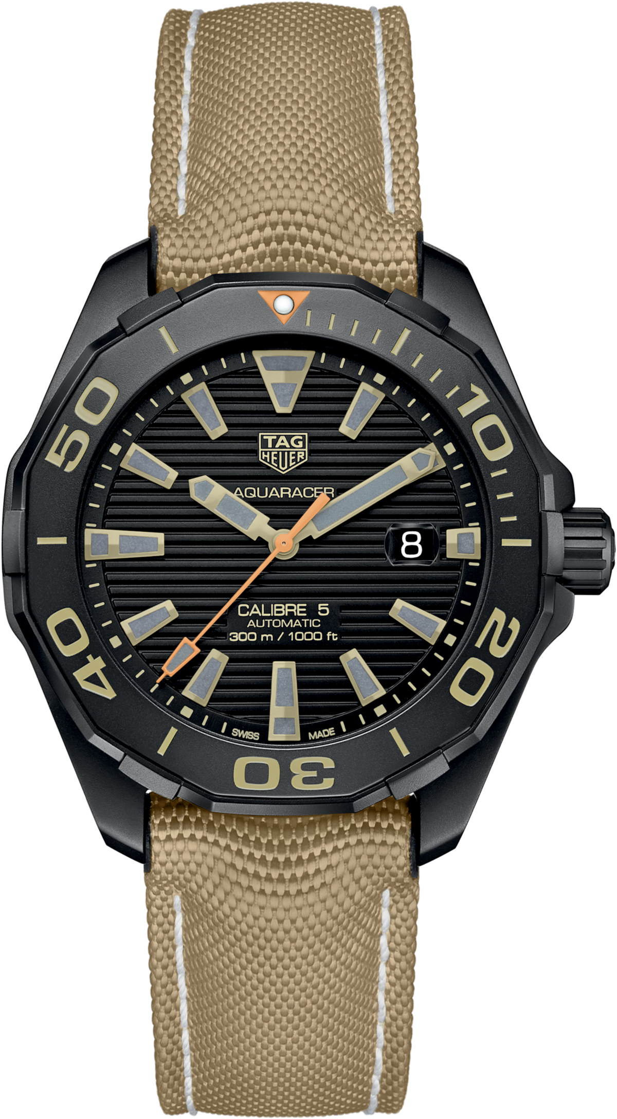 Orologio subacqueo nero con quadrante nero, lunetta nera e cinturino nylon beige