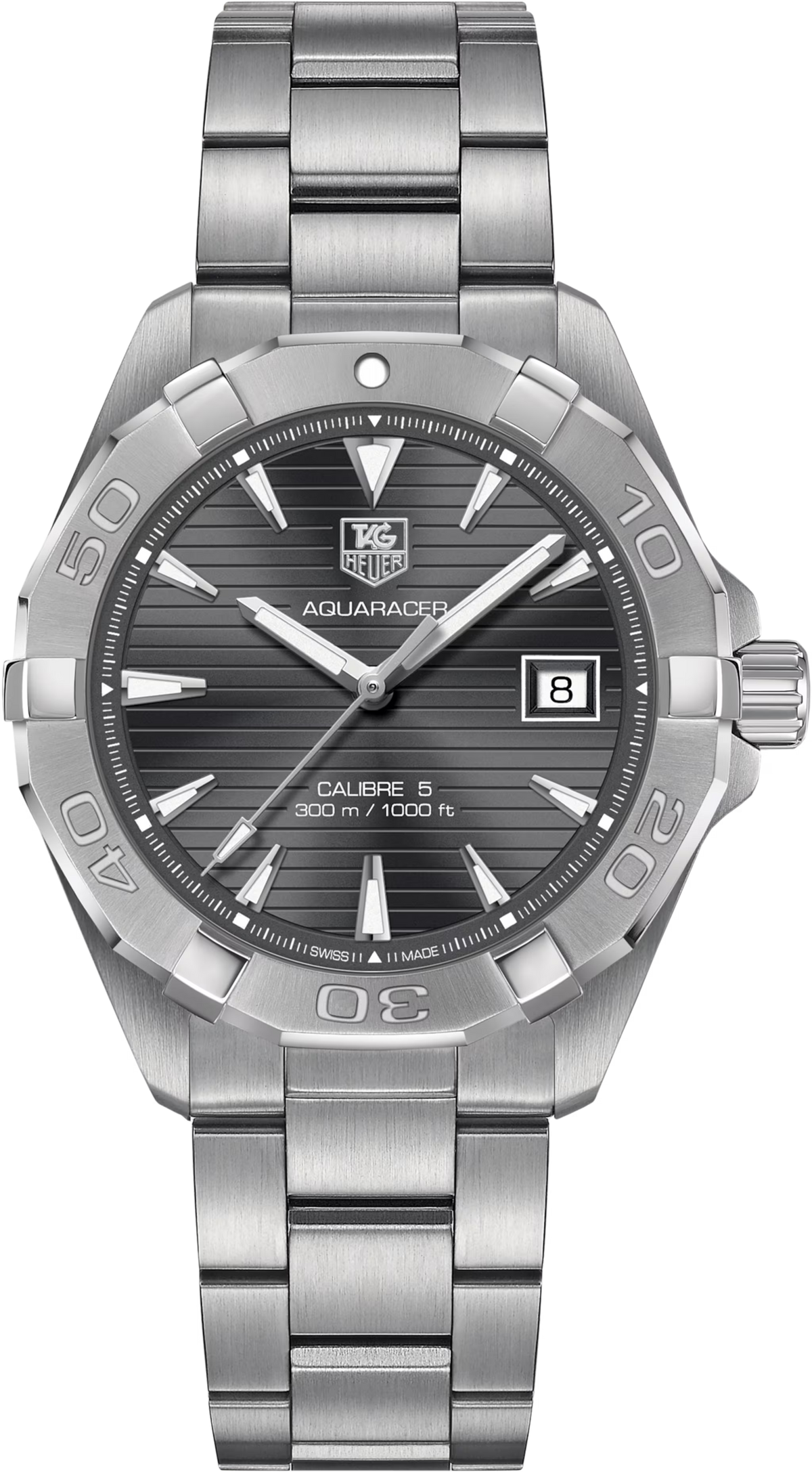 Orologio TAG Heuer Aquaracer in acciaio, quadrante grigio scuro, lunetta girevole, data