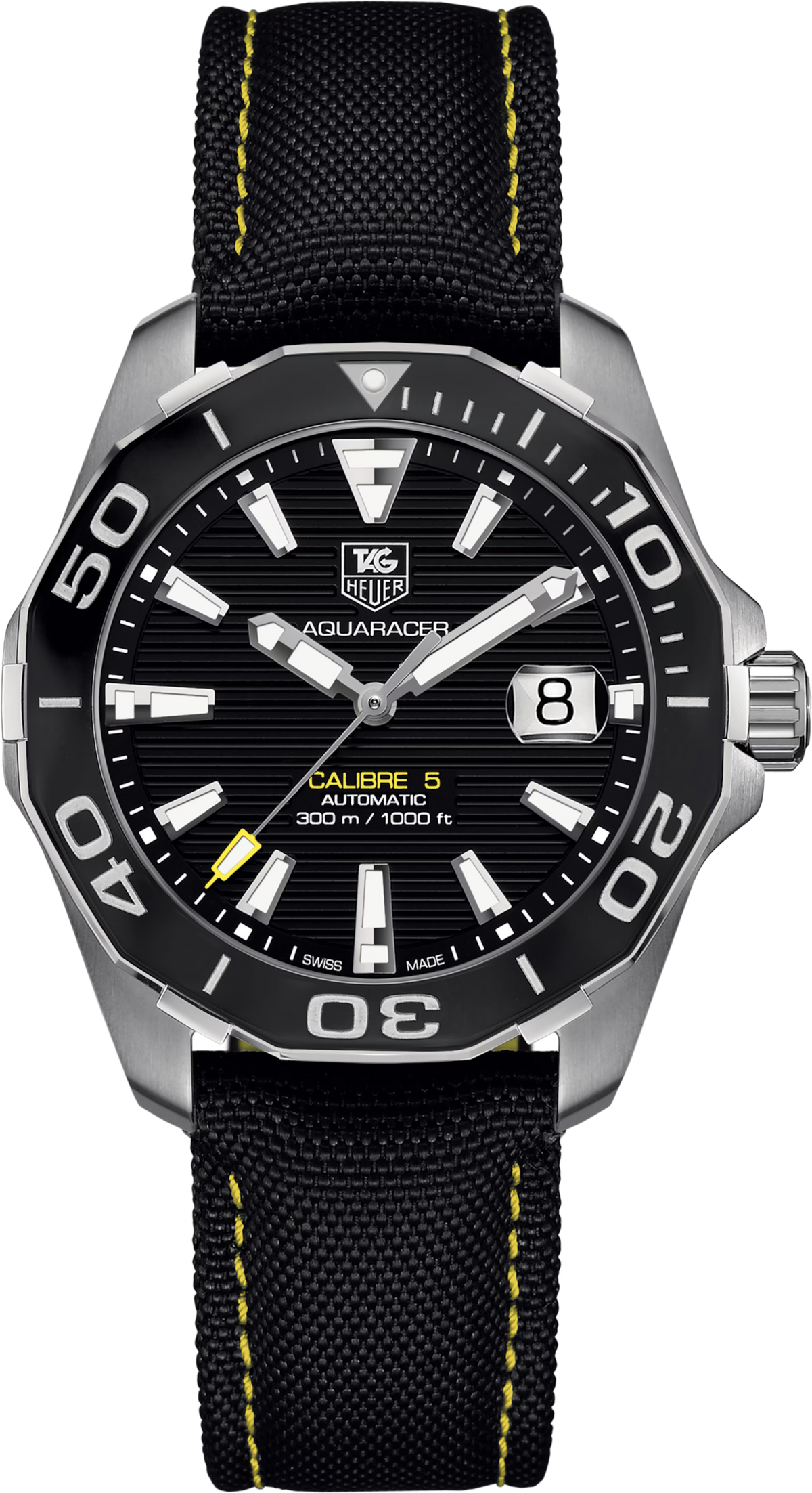 Orologio subacqueo TAG Heuer Aquaracer 300M nero, cinturino in nylon, lunetta ceramica, datario 8