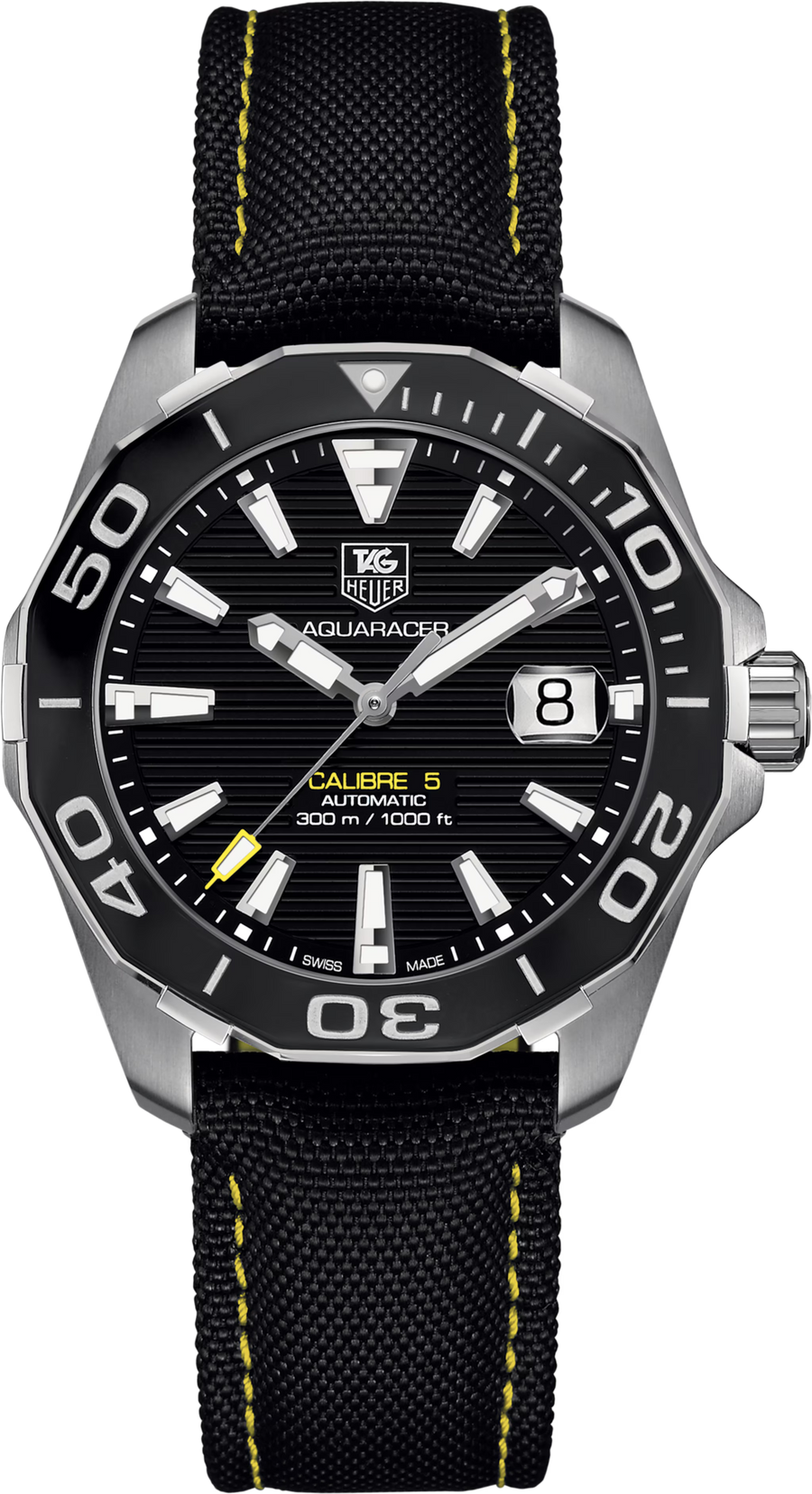 TAG Heuer Aquaracer 300M Calibre 5 Automatico Uomo 41 mm Acciaio Quadrante Nero Soleil Lunetta Girevole in Ceramica Nera Vetro Zaffiro Data Cinturino Nylon Nero 30 ATM Swiss Made Ref. WAY211A.FC6362