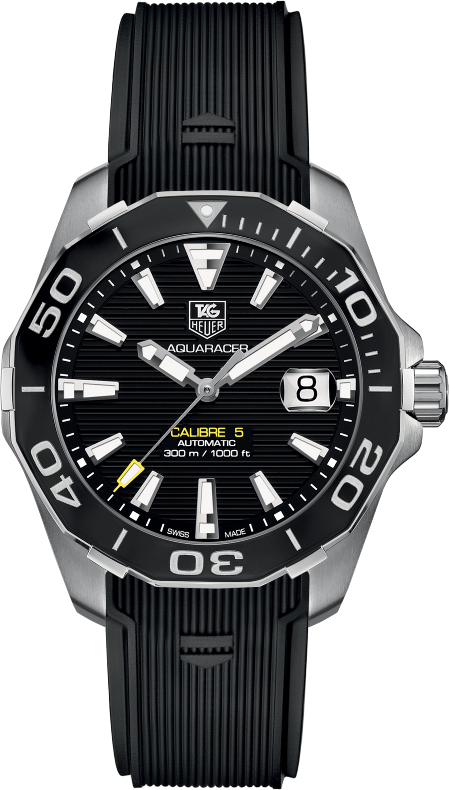 TAG Heuer Aquaracer 300M Calibre 5 Automatico Uomo 41 mm Acciaio Quadrante Nero Soleil Lunetta Girevole in Ceramica Nera Vetro Zaffiro Data Cinturino Caucciù Nero 30 ATM Swiss Made Ref. WAY211A.FT6151