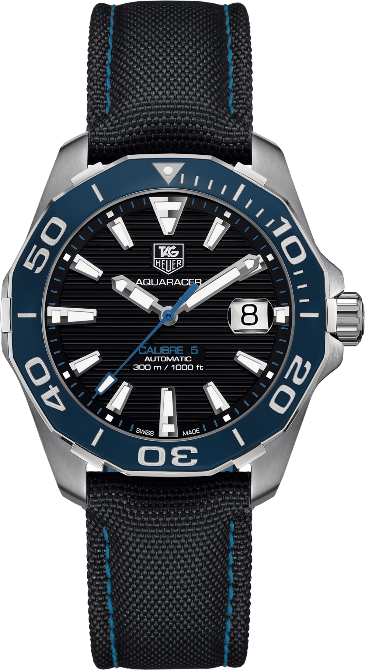 TAG Heuer Aquaracer 300M Calibre 5 Automatico Uomo 41 mm Acciaio Quadrante Nero Lunetta Girevole Unidirezionale Ceramica Blu Vetro Zaffiro Data Cinturino Nylon Nero Cuciture Blu 30 ATM Swiss Made Ref. WAY211B.FC6363