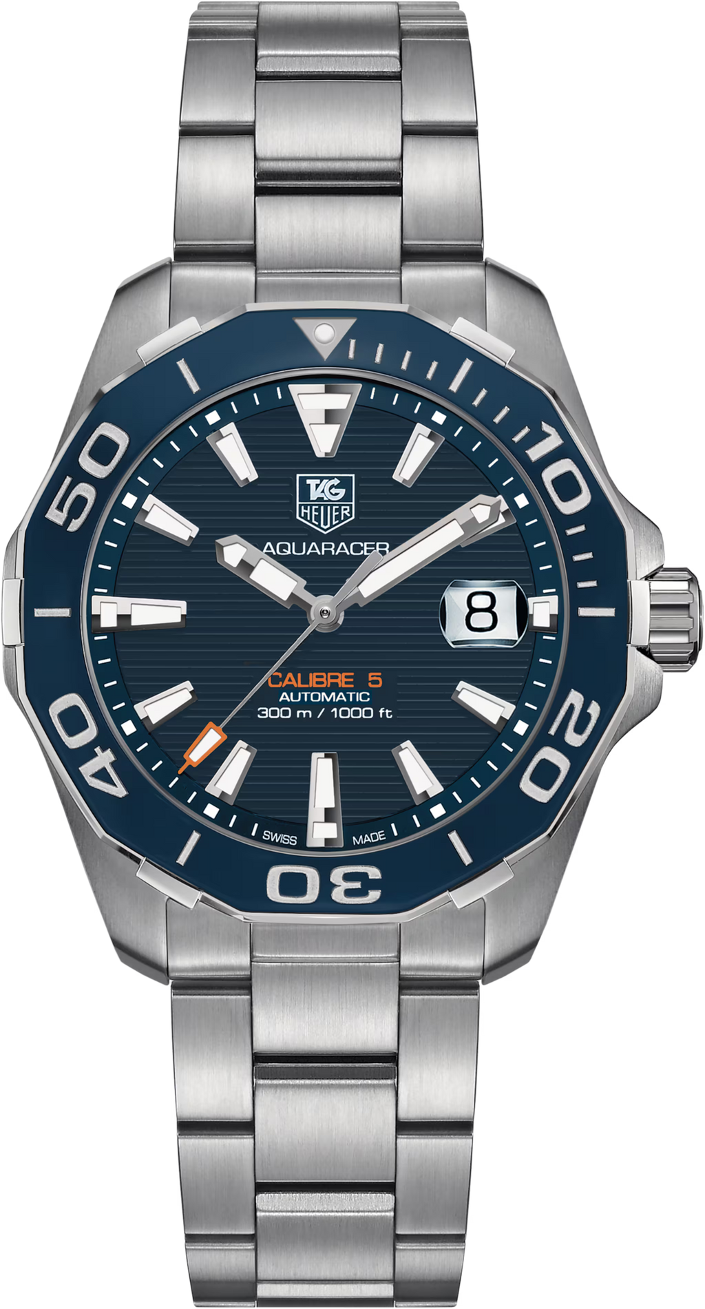 Orologio subacqueo Aquaracer TAG Heuer in acciaio, quadrante blu e lunetta ceramica