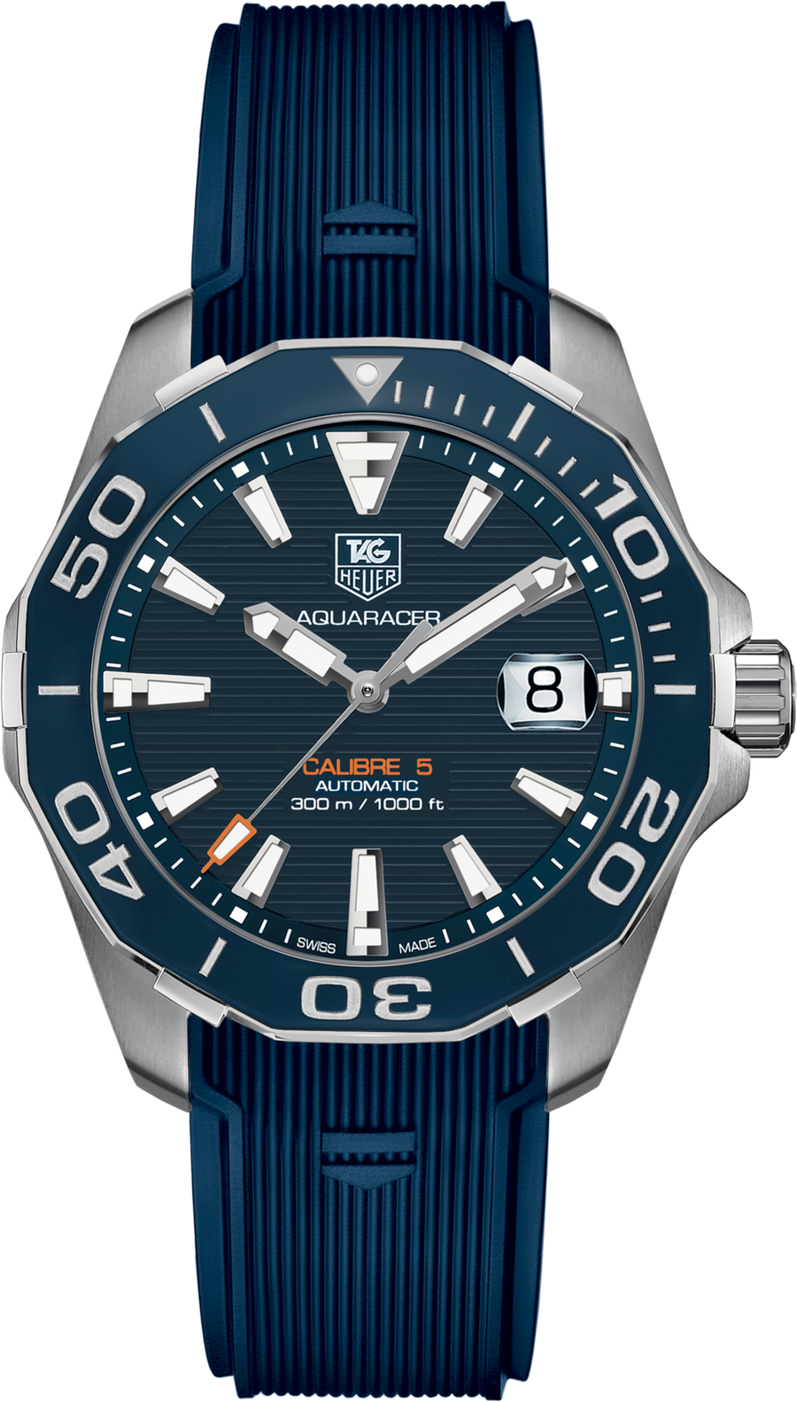 TAG Heuer Aquaracer 300M Calibre 5 Automatico Uomo 41 mm Acciaio Quadrante Blu Soleil Lunetta Girevole in Acciaio e Ceramica Vetro Zaffiro Data Cinturino Caucciù Blu 30 ATM Swiss Made Ref. WAY211C.FT6155