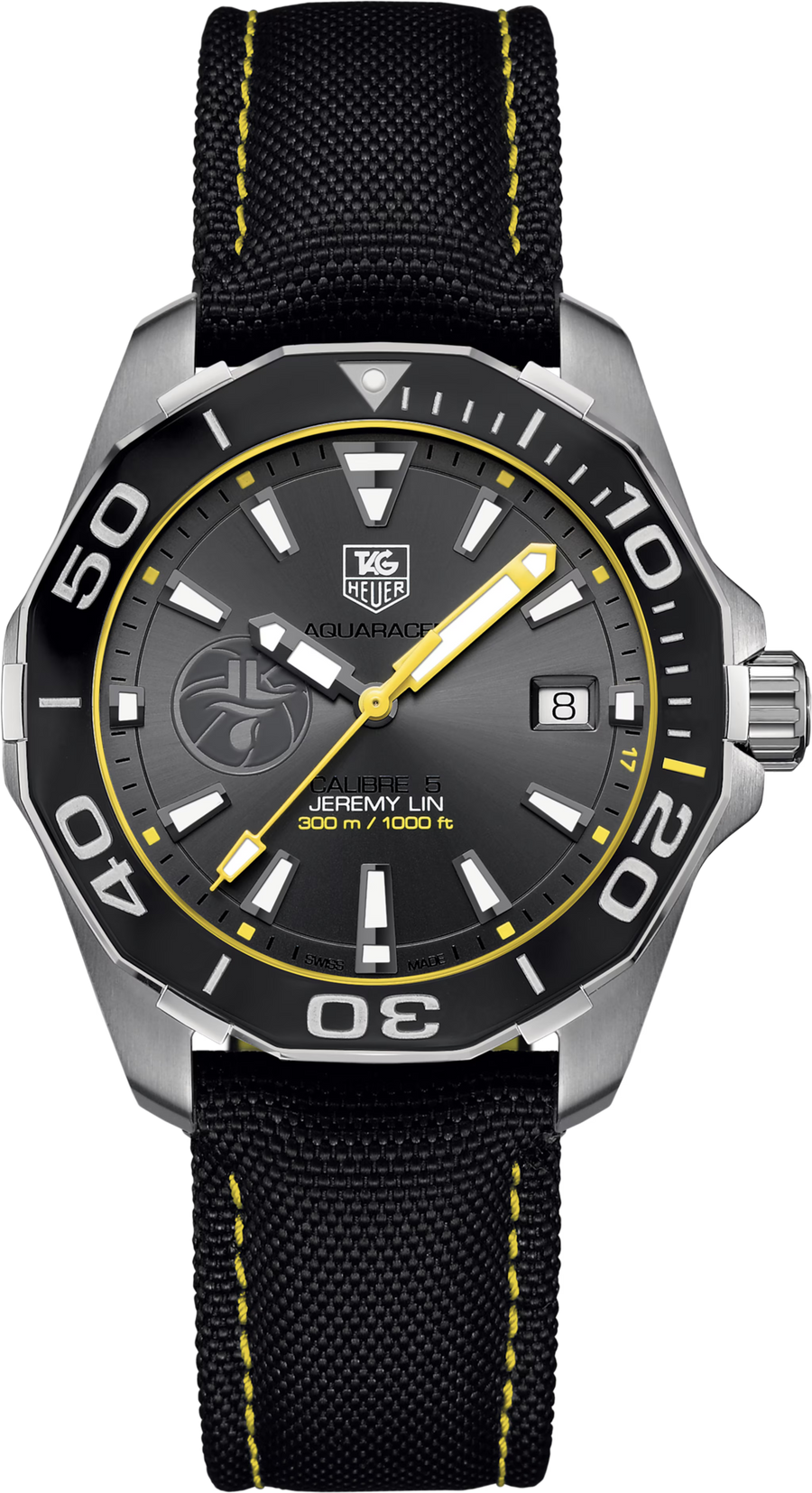 TAG Heuer Aquaracer 300M Calibre 5 Automatico Jeremy Lin Special Edition Uomo 41 mm Acciaio Quadrante Grigio Antracite Soleil Lunetta Girevole Unidirezionale Ceramica Nera Vetro Zaffiro Data Cinturino Nylon Nero 30 ATM Swiss Made Ref. WAY211F.FC6362