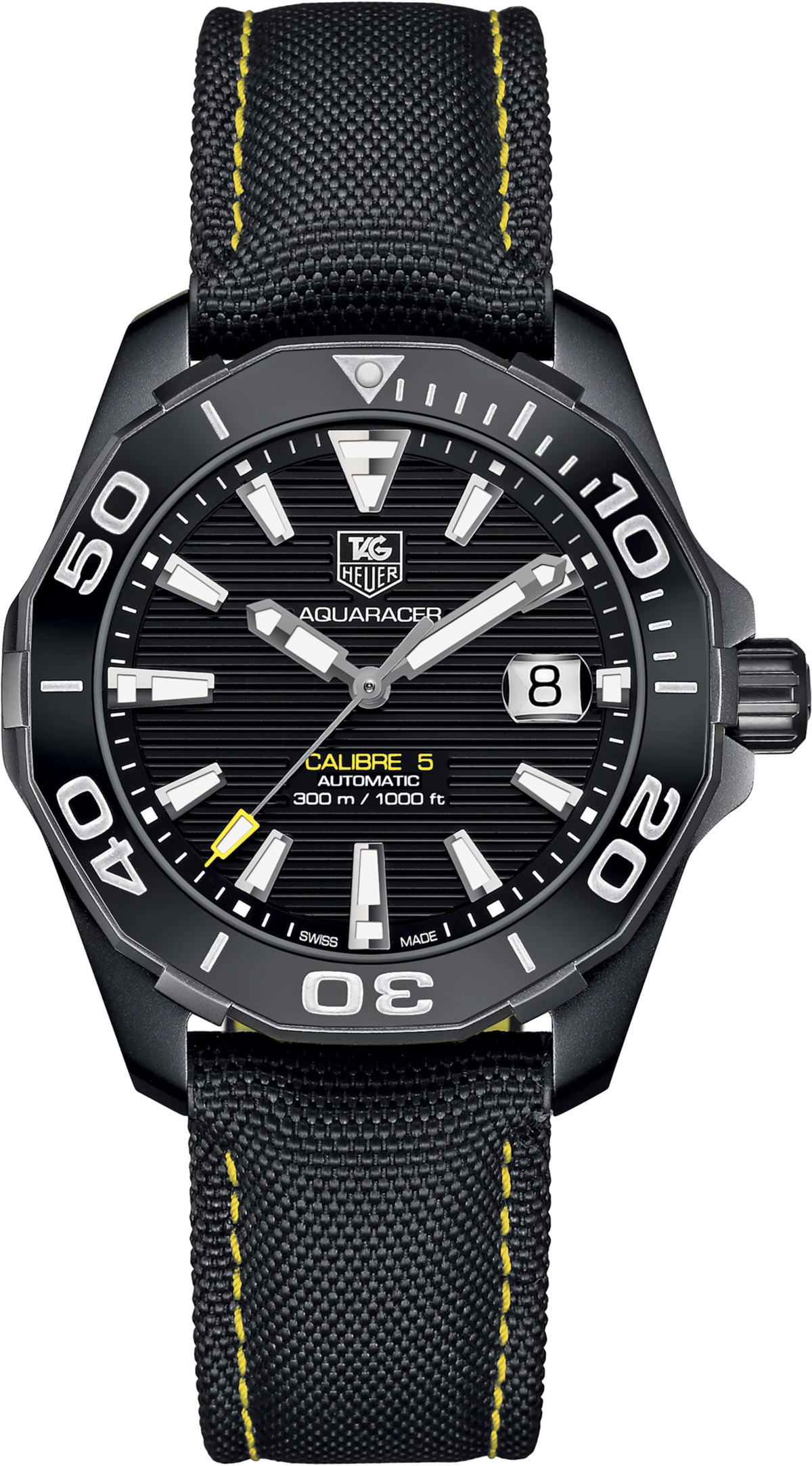 TAG Heuer Aquaracer orologio sub nero, quadrante soleil, lunetta girevole, cinturino nylon giallo