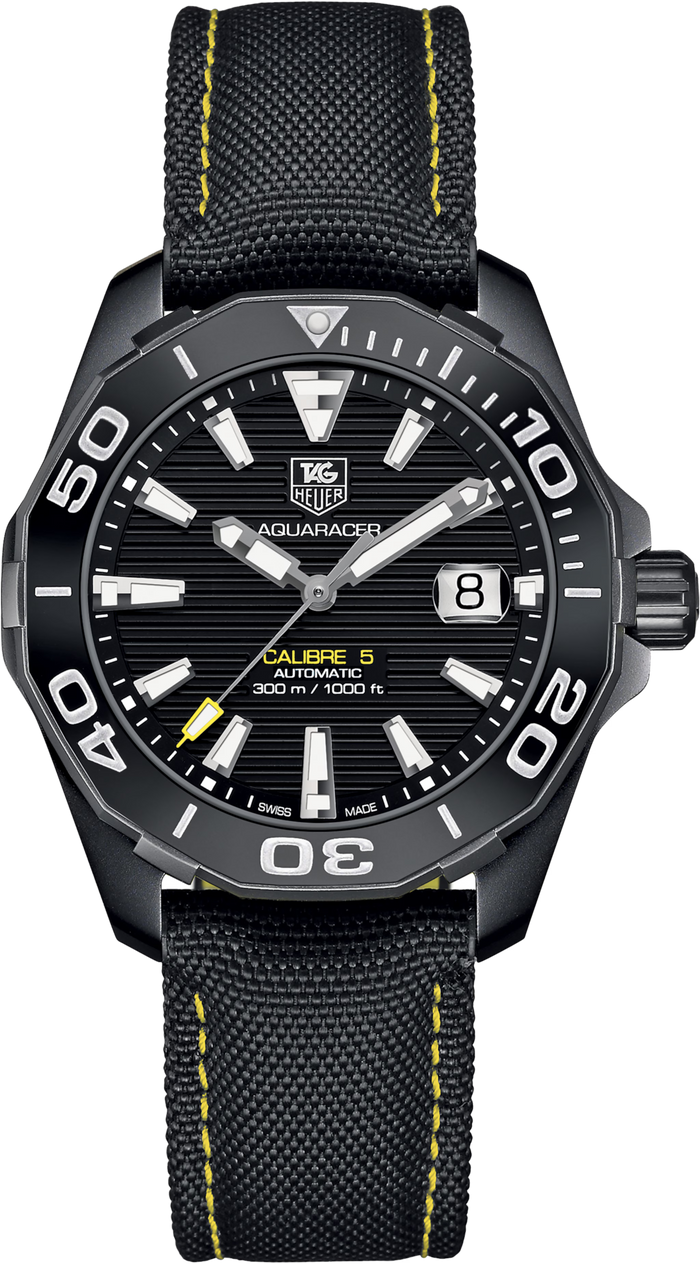 TAG Heuer Aquaracer Calibre 5 Automatico Uomo 41 mm Titanio PVD Nero Quadrante Nero Soleil Lunetta Girevole Acciaio e Ceramica Vetro Zaffiro Data Cinturino Nylon Nero e Giallo 300 m Swiss Made Ref. WAY218A.FC6362