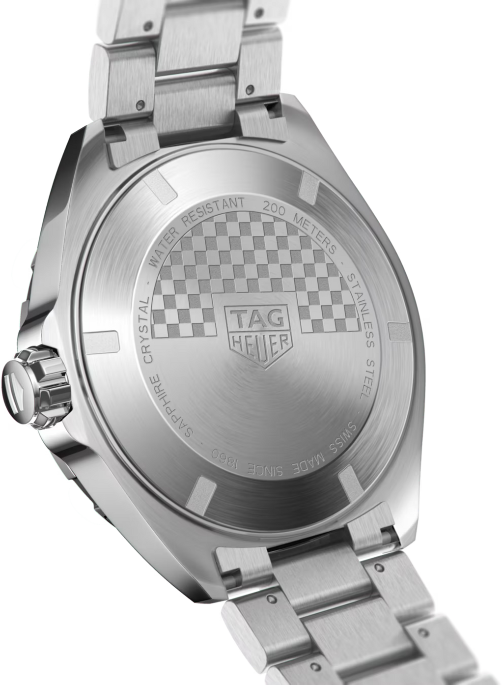 Retro dell’orologio in acciaio con incisione “TAG Heuer” e indicazione 200 m