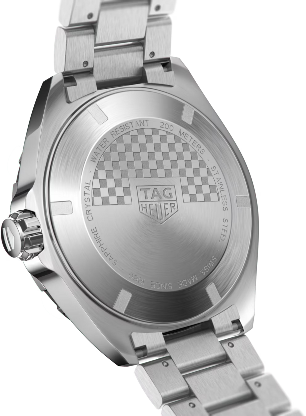 Retro dell’orologio in acciaio con incisione “TAG Heuer” e indicazione 200 m