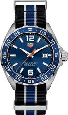 TAG Heuer Formula 1 Uomo 43 mm Acciaio Quadrante Blu Soleil Lunetta Girevole Vetro Zaffiro Quarzo Data Cinturino NATO Tessuto Nero Grigio e Blu 20 ATM Swiss Made Ref. WAZ1010.FC8197