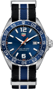 Orologio TAG Heuer Formula 1 blu con lunetta girevole, vetro zaffiro e cinturino NATO nero/blu