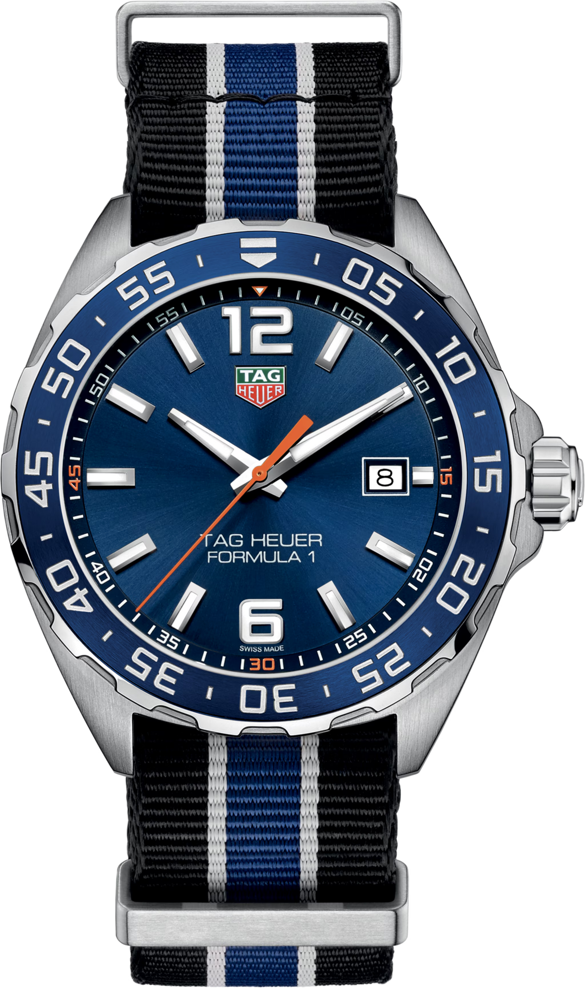 Orologio TAG Heuer Formula 1 blu con lunetta girevole, vetro zaffiro e cinturino NATO nero/blu