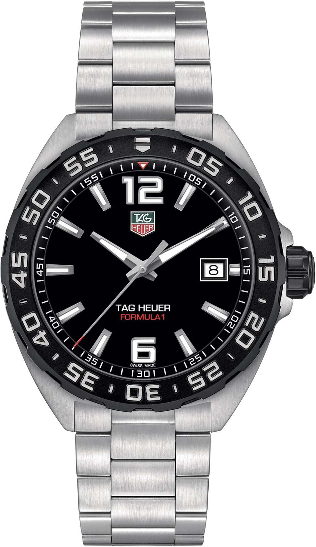 Orologio TAG Heuer Formula 1 con quadrante nero, datario e cinturino in acciaio
