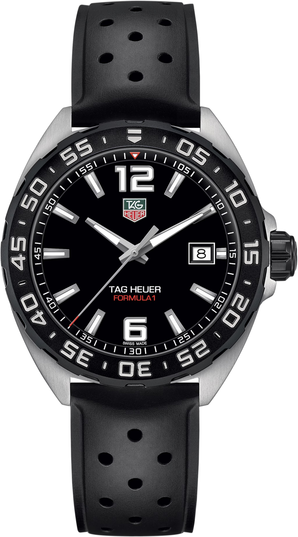 Orologio TAG Heuer Formula 1: cinturino in caucciù nero, quadrante nero opalino, lunetta nera