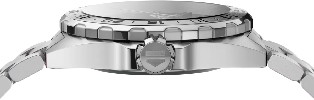 Orologio TAG Heuer Formula 1, vista laterale in acciaio con corona e protezioni