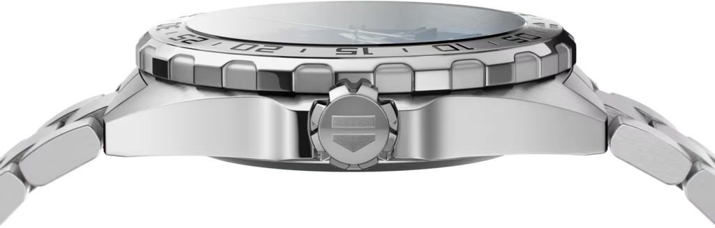 Orologio TAG Heuer con lunetta e corona laterale in acciaio, quadrante blu