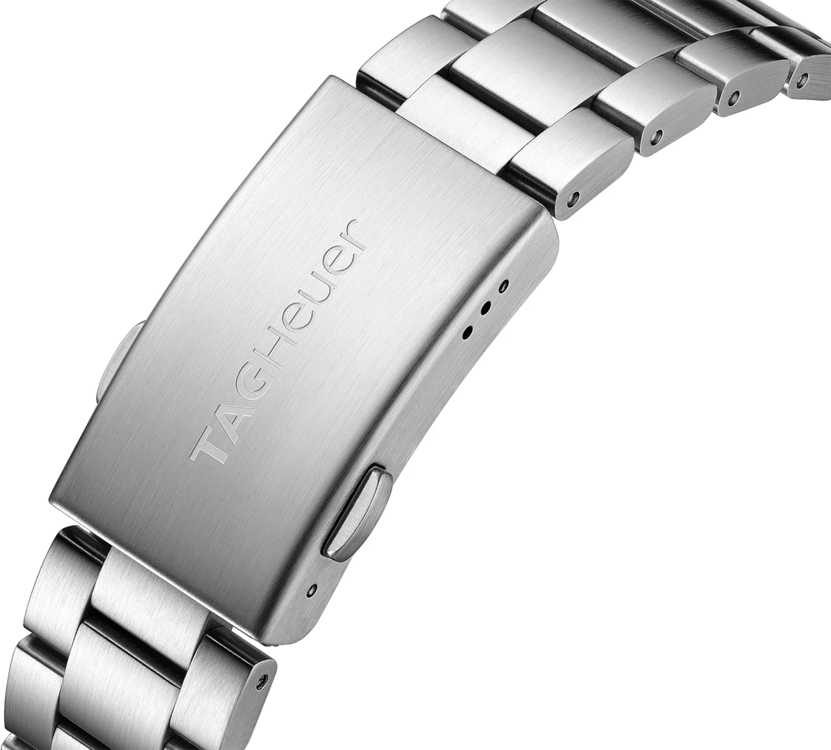 Chiusura bracciale orologio TAG Heuer in acciaio con scritta e microfori