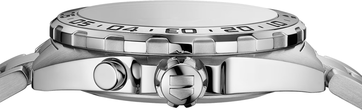 Orologio TAG Heuer: lunetta fissa e corona su cassa acciaio
