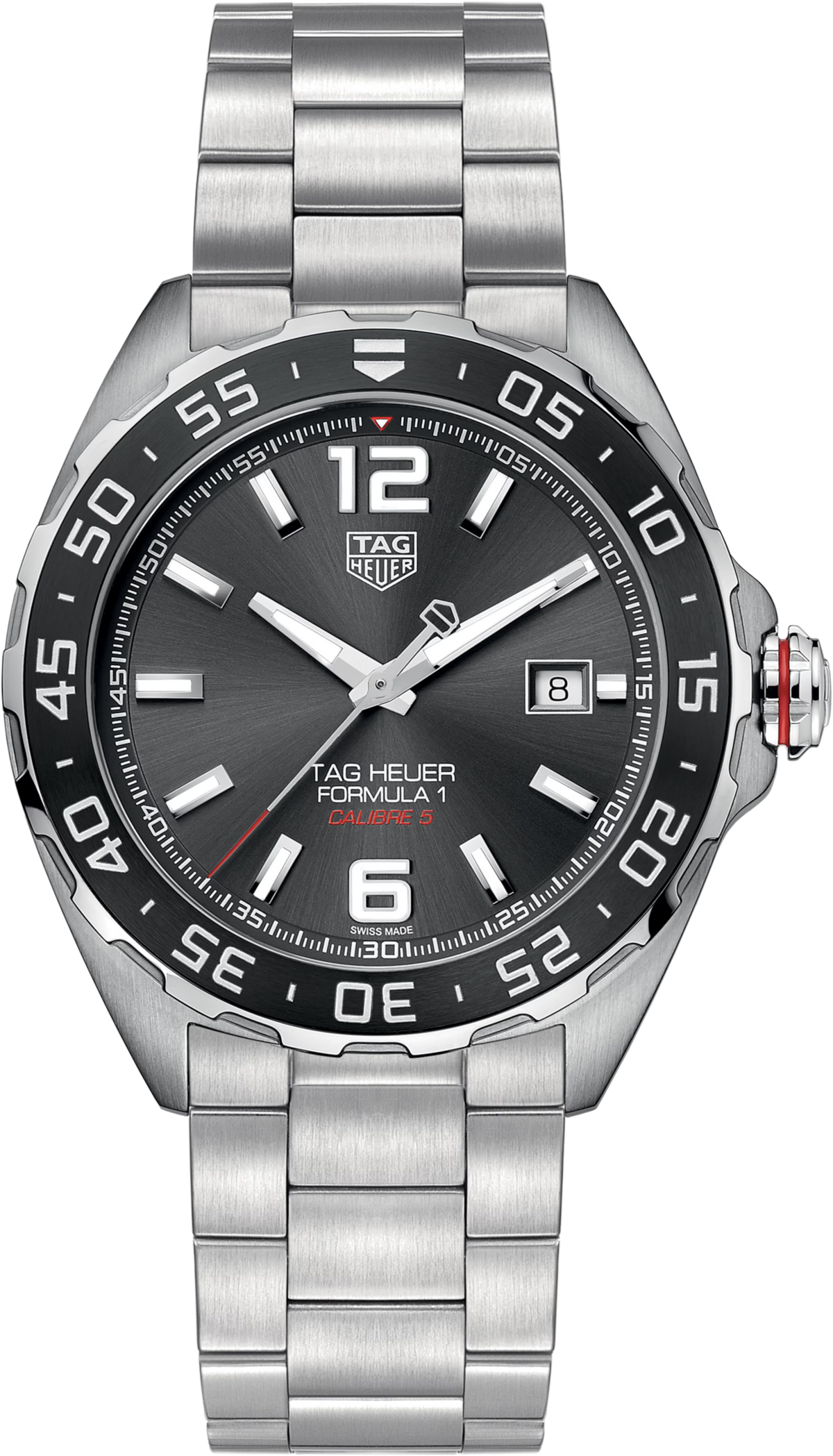 Orologio TAG Heuer con quadrante nero, lunetta girevole, cinturino acciaio e datario.