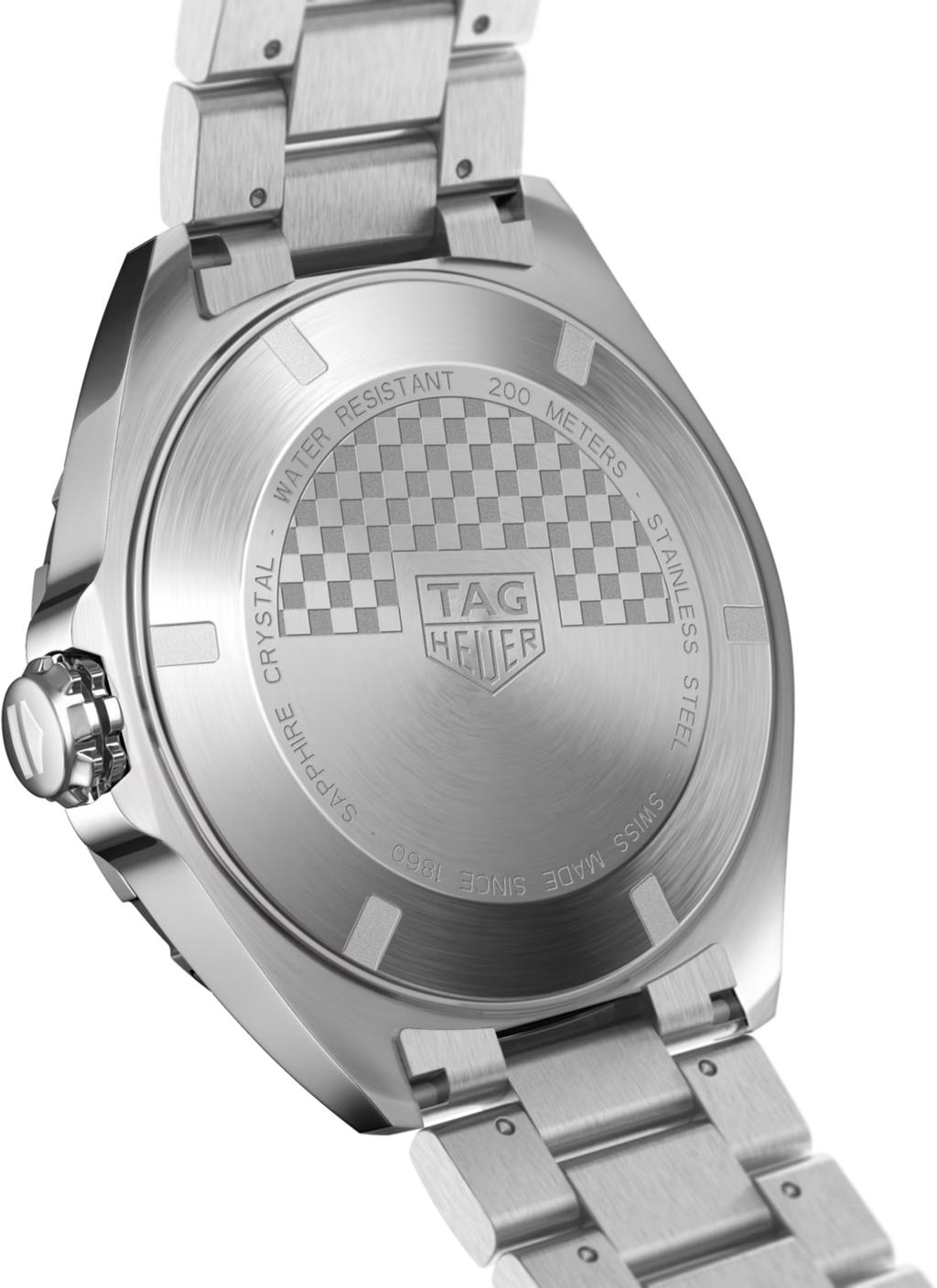 Fondello in acciaio TAG Heuer con scritta 200 metri e motivo a scacchiera