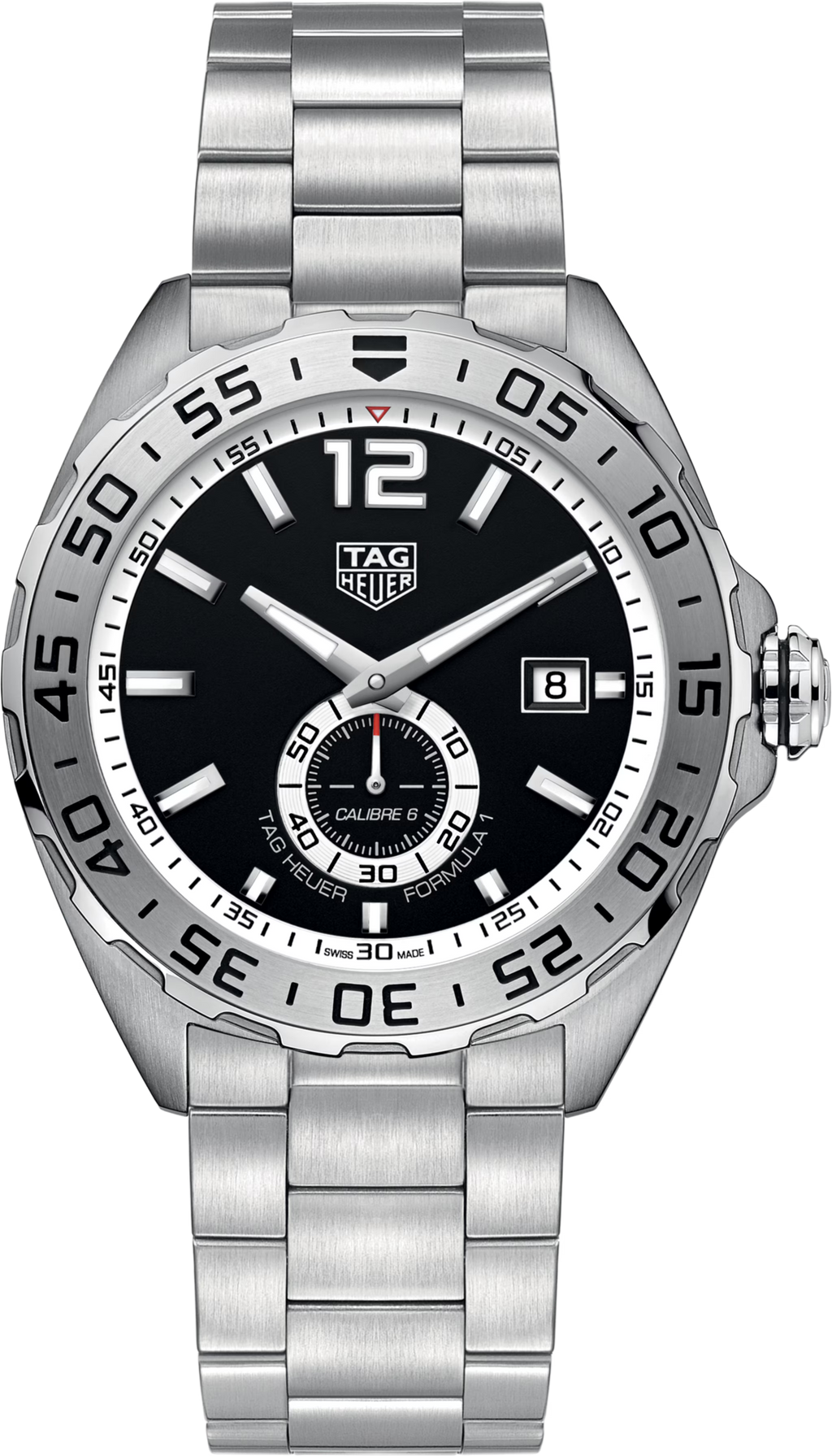 TAG Heuer orologio con quadrante nero, bracciale in acciaio e lunetta girevole