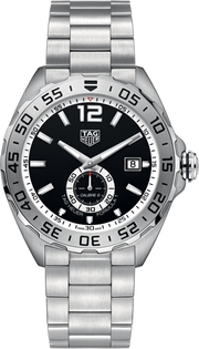 TAG Heuer orologio con quadrante nero, bracciale in acciaio e lunetta girevole
