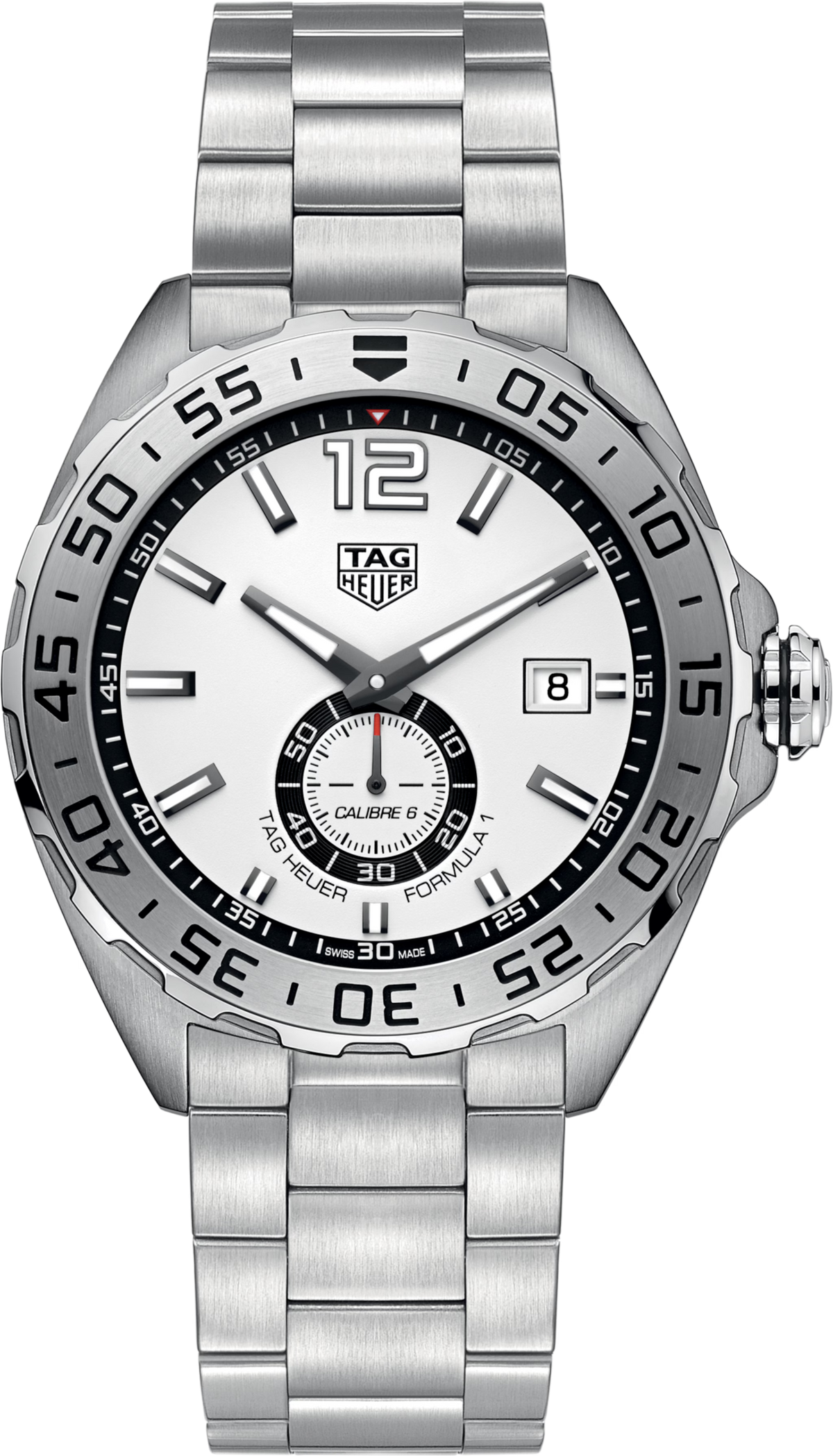 Orologio TAG Heuer Formula 1 automatico con quadrante bianco, lunetta nera e bracciale acciaio
