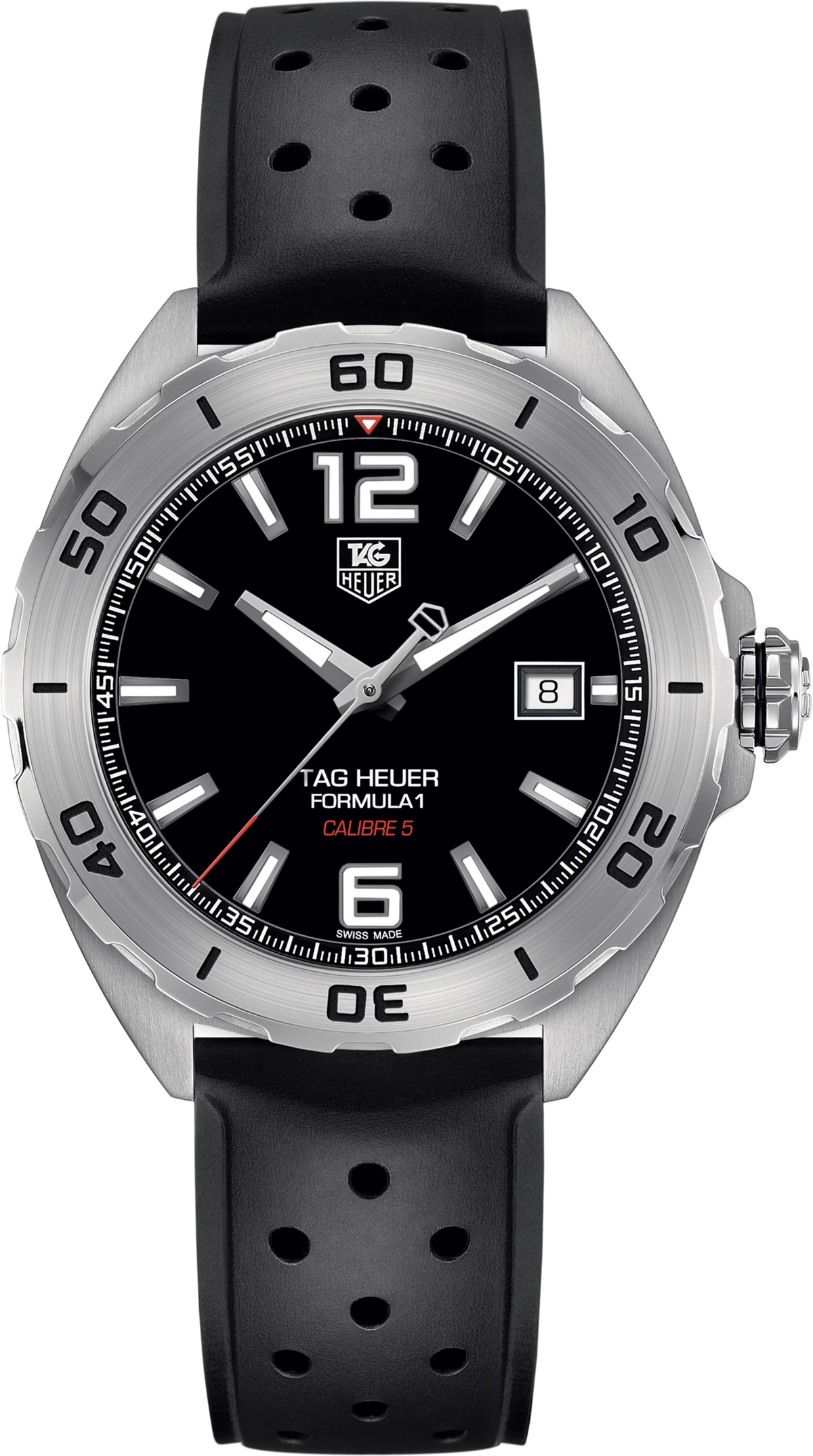 TAG Heuer Formula 1 Calibre 5 Automatico Uomo 41 mm Acciaio Quadrante Nero Lunetta Girevole Vetro Zaffiro Data Cinturino Caucciù Nero Traforato 20 ATM Swiss Made Ref. WAZ2113.FT8023