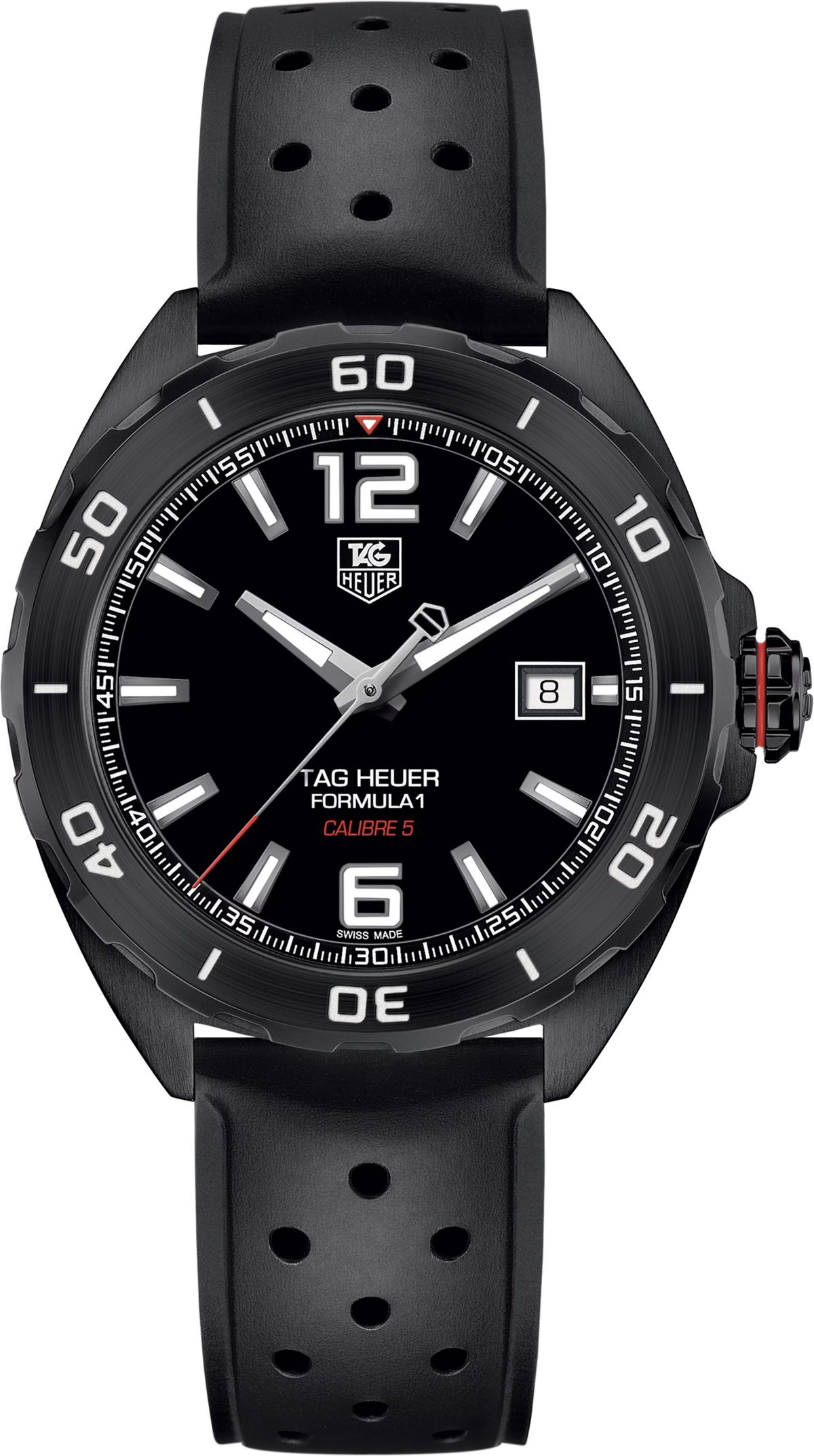 Orologio TAG Heuer con cassa nera PVD, quadrante nero e cinturino in caucciù traforato