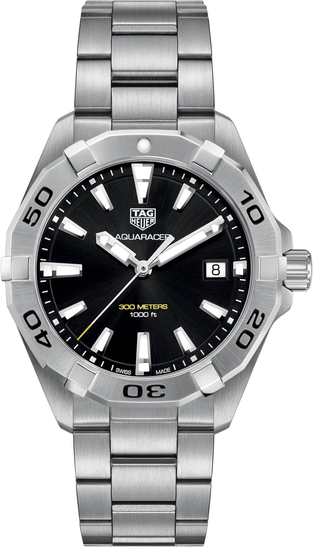 Orologio subacqueo in acciaio con quadrante nero, lunetta girevole e bracciale maglie