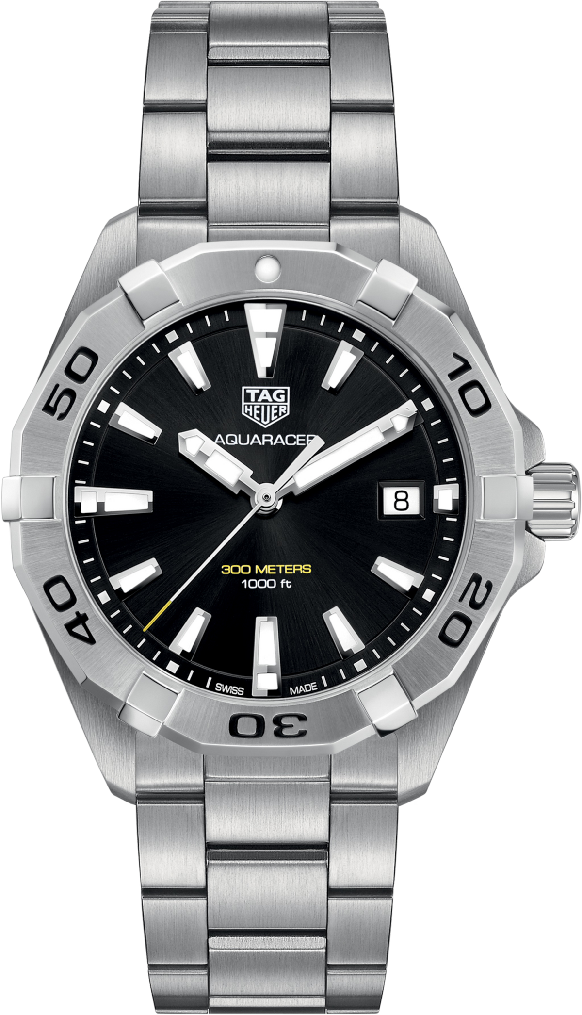 Orologio subacqueo in acciaio con quadrante nero, lunetta girevole e bracciale maglie