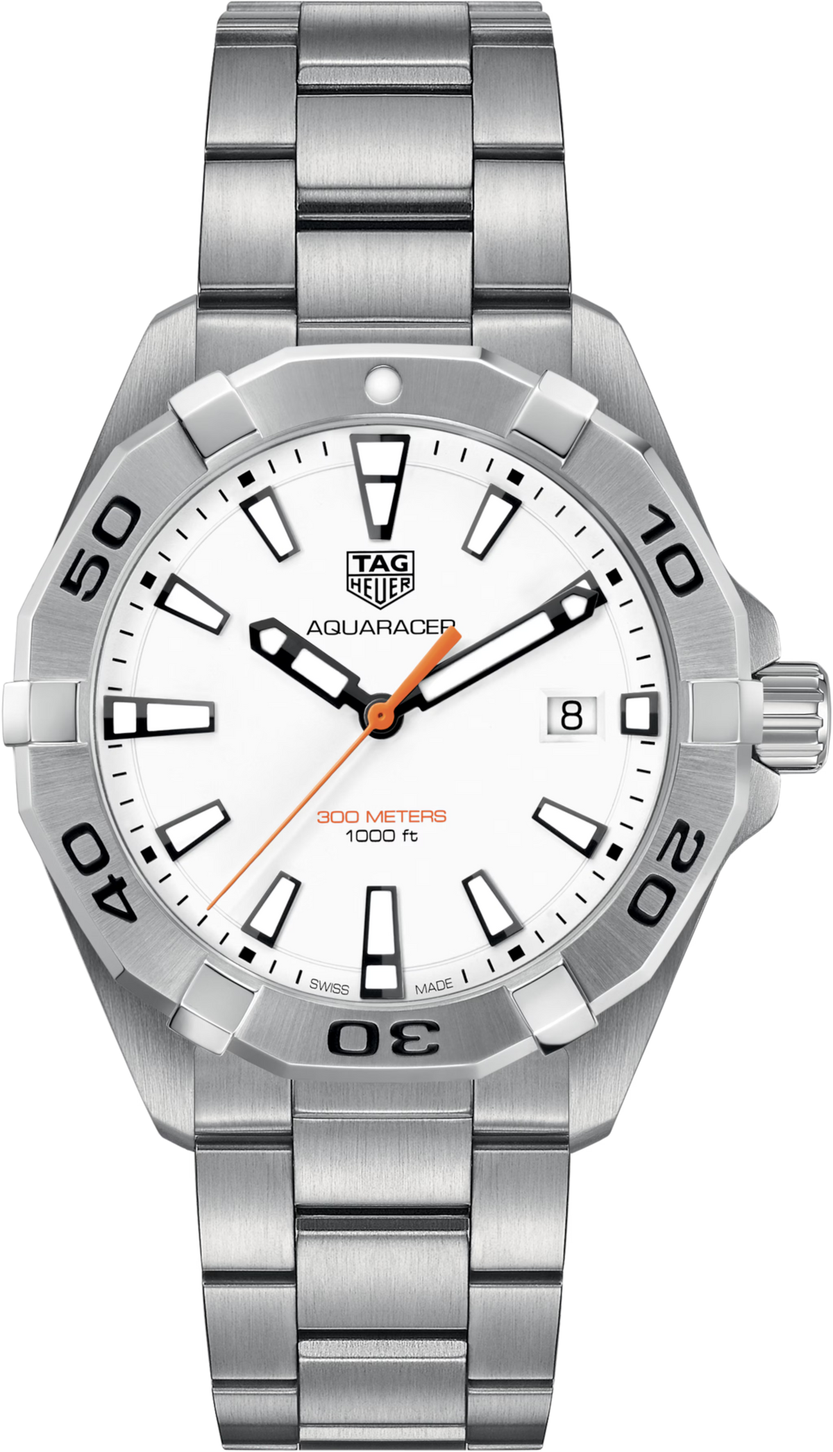 Orologio TAG Heuer Aquaracer: quadrante bianco, ghiera con numeri e bracciale in acciaio