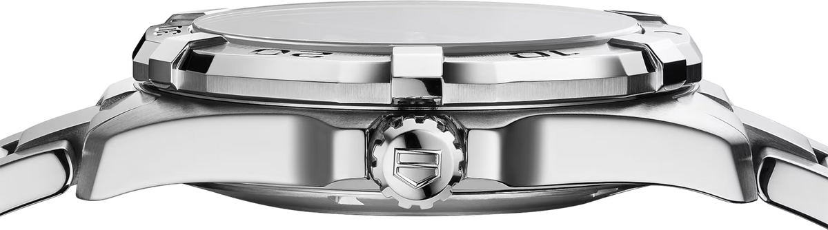Orologio TAG Heuer Aquaracer in acciaio, vista laterale con corona e cassa