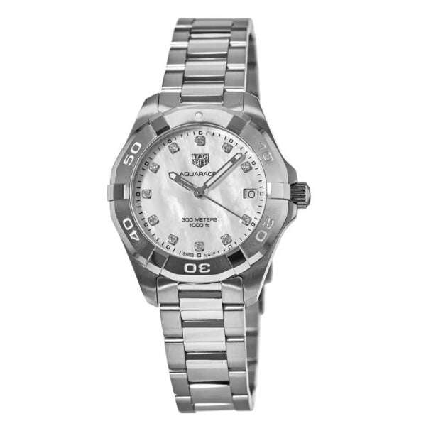 Orologio TAG Heuer Aquaracer in acciaio con quadrante madreperla bianca e bracciale