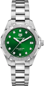 TAG Heuer Aquaracer Lady Donna 32 mm Acciaio Quadrante Verde Soleil 11 Diamanti Lunetta Girevole Vetro Zaffiro Quarzo Data Bracciale Acciaio 30 ATM Swiss Made Ref. WBD1316.BA0740