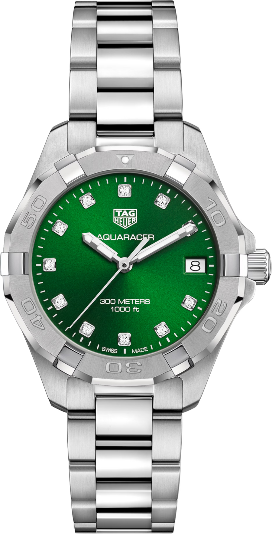 TAG Heuer Aquaracer Lady Donna 32 mm Acciaio Quadrante Verde Soleil 11 Diamanti Lunetta Girevole Vetro Zaffiro Quarzo Data Bracciale Acciaio 30 ATM Swiss Made Ref. WBD1316.BA0740