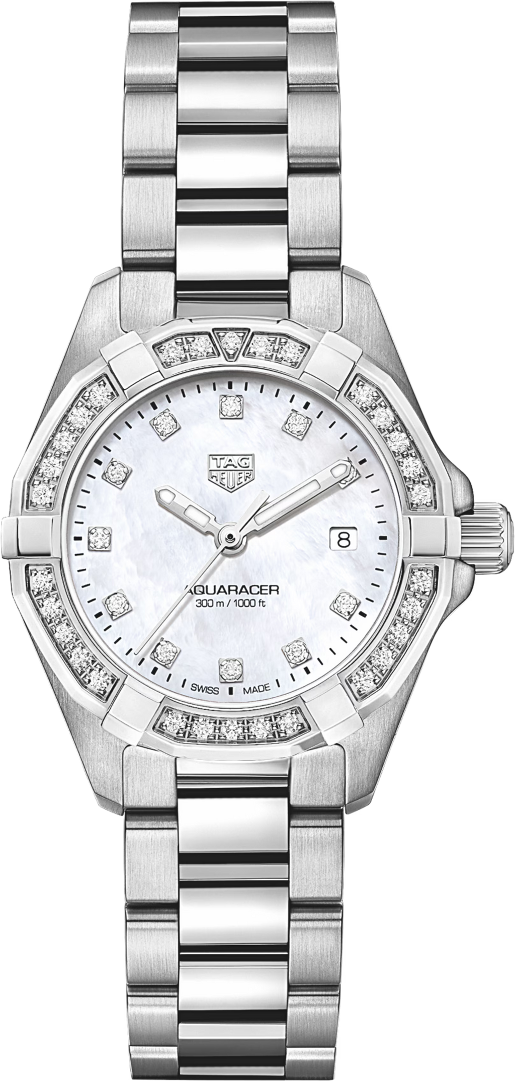 Orologio TAG Heuer Aquaracer Lady in acciaio con quadrante madreperla bianca e diamanti