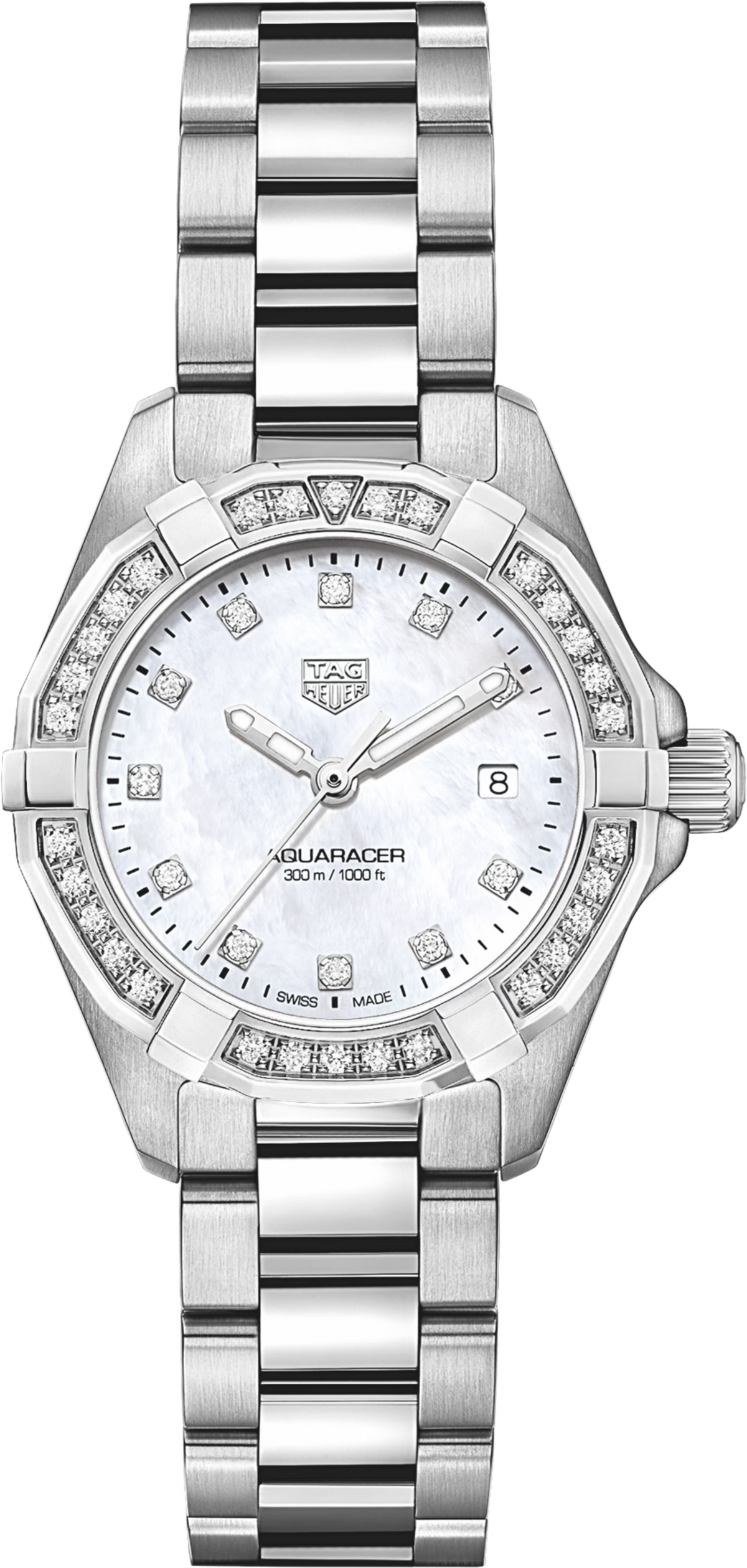 Orologio TAG Heuer Aquaracer Lady in acciaio con quadrante madreperla bianca e diamanti