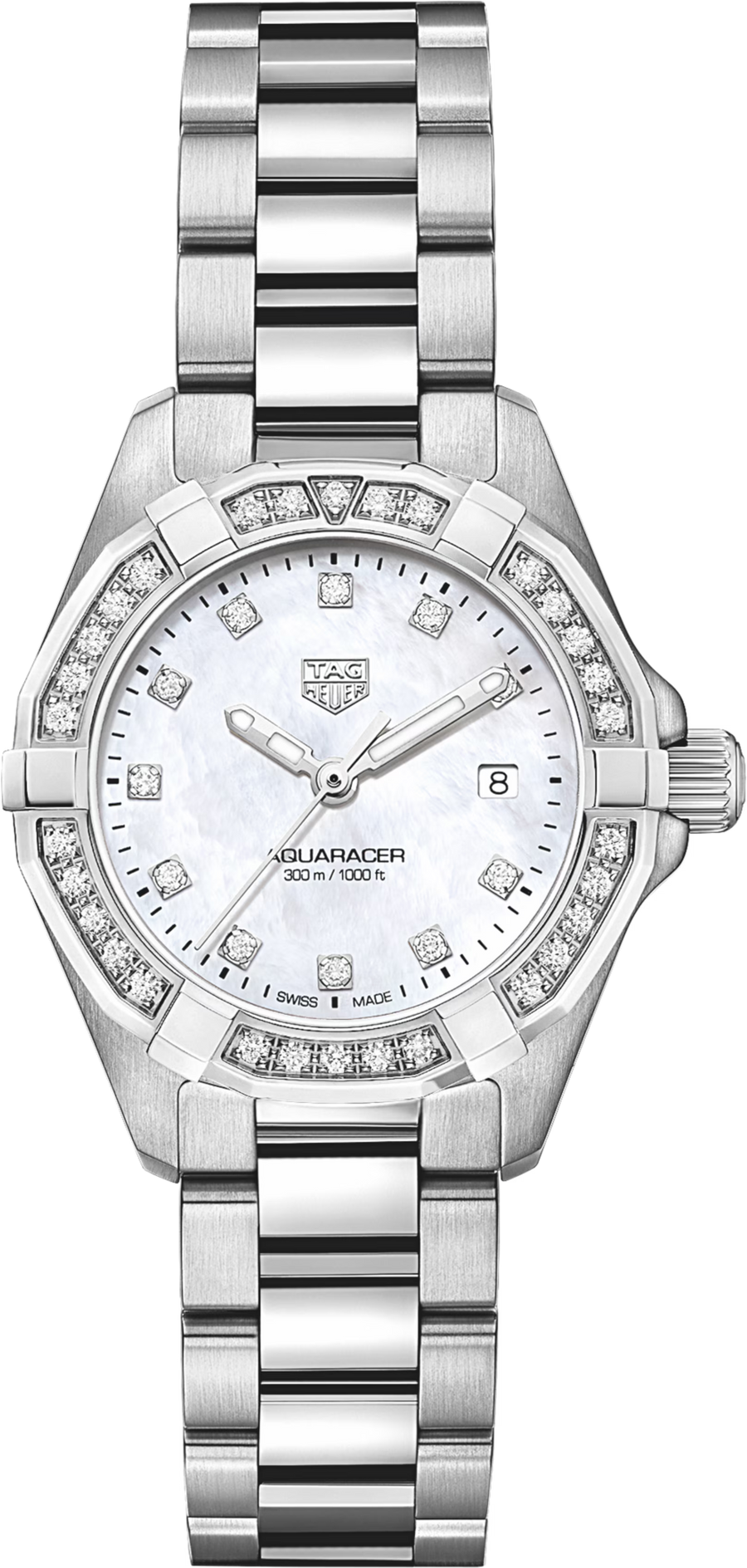 TAG Heuer Aquaracer Lady Donna 32 mm Acciaio Quadrante Madreperla Bianca Diamanti Lunetta Girevole con Diamanti Vetro Zaffiro Quarzo Data Bracciale Acciaio 30 ATM Swiss Made Ref. WBD1315.BA0740