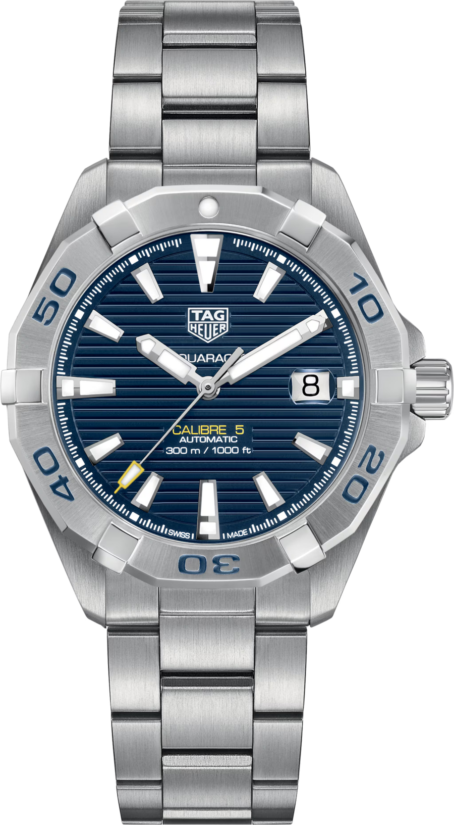 TAG Heuer Aquaracer 300M Calibre 5 Automatico Uomo 43 mm Acciaio Quadrante Blu Soleil Lunetta Girevole Unidirezionale Scala 60 Minuti Vetro Zaffiro Data Bracciale Acciaio 38 Ore 30 ATM Swiss Made Ref. WAY2012.BA0927