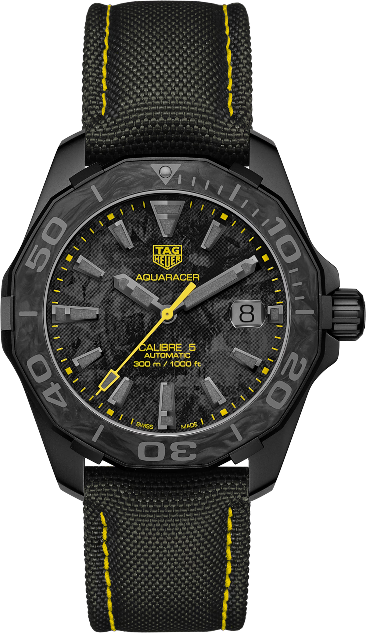Orologio subacqueo TAG Heuer Aquaracer nero PVD con quadrante carbonio e cuciture gialle