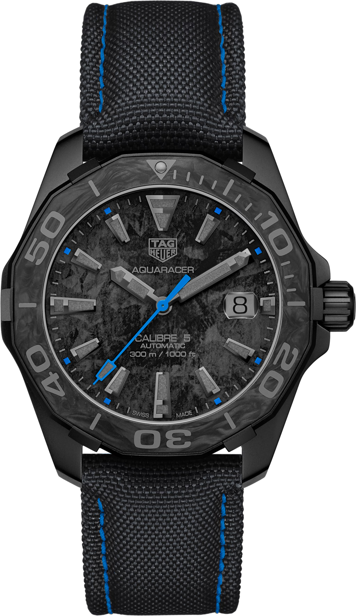 Orologio subacqueo TAG Aquaracer: carbonio nero, quadrante grigio, cinturino nylon con cuciture blu