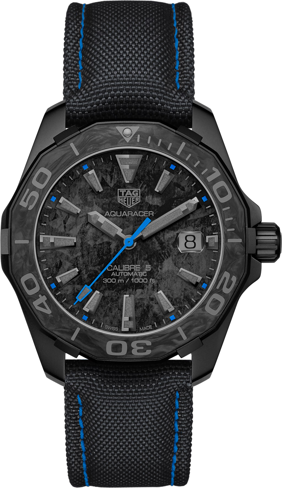 TAG Heuer Aquaracer 300M Carbon Limited Edition Uomo 41 mm Titanio e Carbonio PVD Quadrante Carbonio Lunetta Girevole in Carbonio Vetro Zaffiro Calibre 5 Automatico Data Cinturino Nylon Nero 30 ATM Swiss Made Ref. WBD218C.FC6447