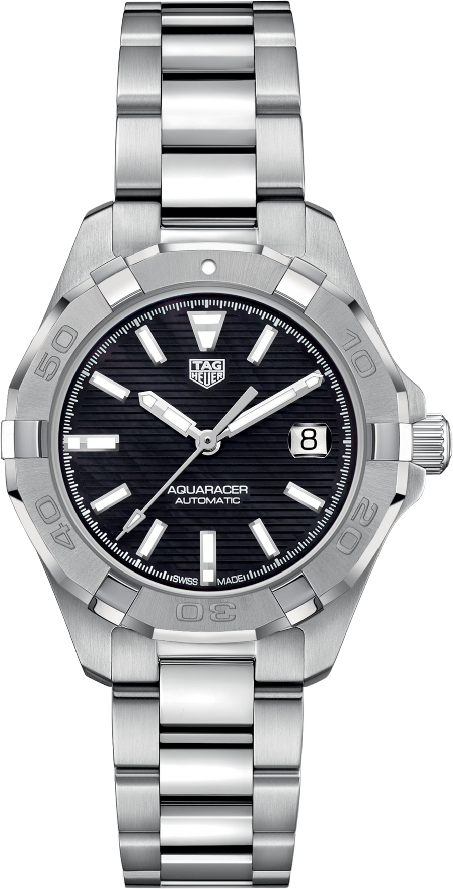 TAG Heuer Aquaracer Automatico Donna 32 mm Acciaio Quadrante Madreperla Nera Lunetta Girevole Vetro Zaffiro Cyclops Calibre 9 Automatico Data Bracciale Acciaio 30 ATM Swiss Made Ref. WBD2310.BA0740