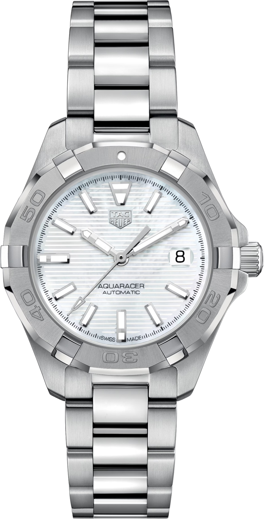 TAG Heuer Aquaracer Automatico Donna 32 mm Acciaio Quadrante Madreperla Bianca Lunetta Girevole Unidirezionale Vetro Zaffiro Calibre 9 Automatico Data Bracciale Acciaio 30 ATM Swiss Made Ref. WBD2311.BA0740