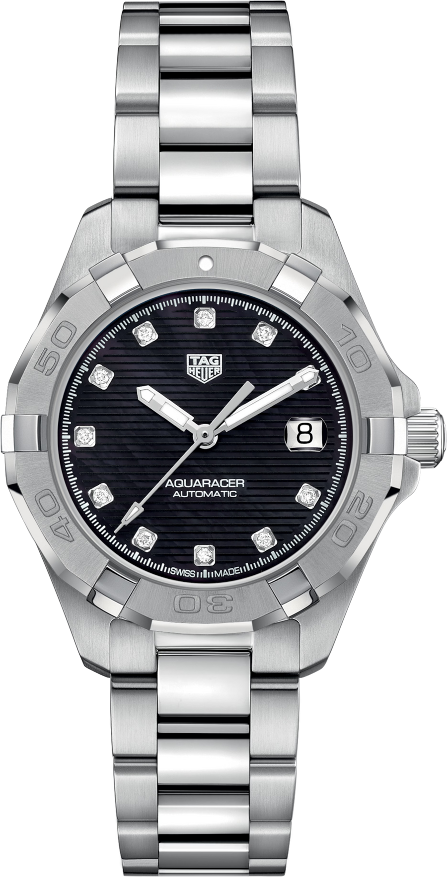 TAG Heuer Aquaracer Automatico Donna 32 mm Acciaio Quadrante Madreperla Nera 11 Diamanti Lunetta Girevole Unidirezionale Vetro Zaffiro Calibre 9 Automatico Data Bracciale Acciaio 30 ATM Swiss Made Ref. WBD2312.BA0740