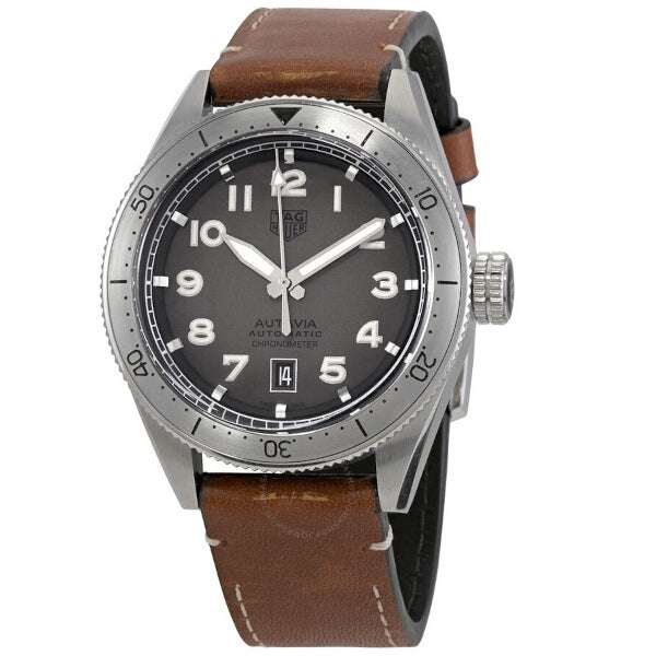 Orologio TAG Heuer Autavia in acciaio con quadrante scuro e cinturino in pelle marrone