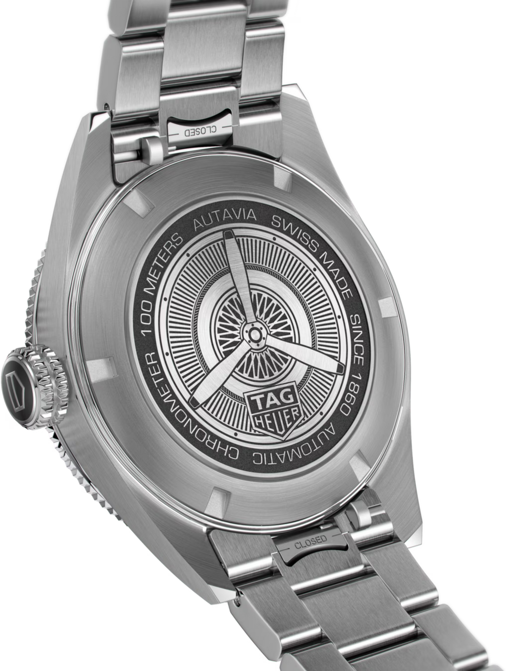 Orologio da uomo TAG Heuer Autavia con fondello in acciaio inciso e indicazioni Swiss Made
